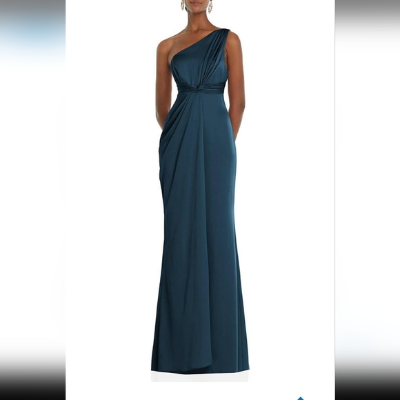 Dessy Collection One-Shoulder Draped Twist Empire Waist Trumpet Gown Blue Size 2 - Picture 1 of 7
